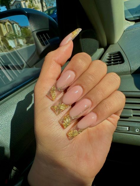 Golden Flakes Nails, Gold Flake Nails, Nails With Gold Flakes, Nails With Gold, Gold Flake, Long Acrylic, The Claw, Gold Flakes, Nails Inspo