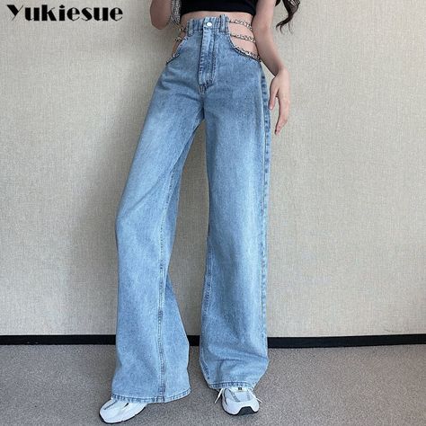 Jeans With Chains, Chain Jeans, Jeans Woman, Womens Fashion Jeans, Womens Wide Leg Pants, Jeans High Waist, Stylish Jeans, Elegant Ladies, Slim Denim