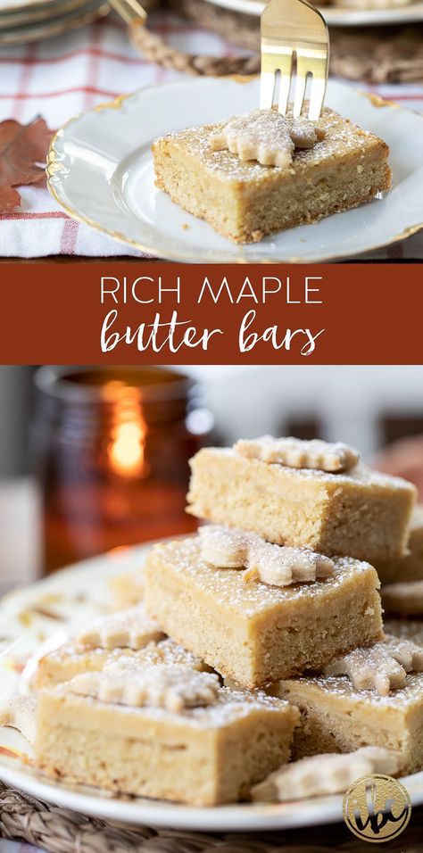 Rich Maple Butter Bars Recipe #maple #bars #fallbaking #cookie #fall #autumn #dessert #recipe Maple Desert, Maple Dessert Recipes, Maple Bars Recipe, Fall Dessert Bar, Blondies Bars, Sahara Dessert, Interesting Desserts, Easy Thanksgiving Dessert, Butter Bars Recipe