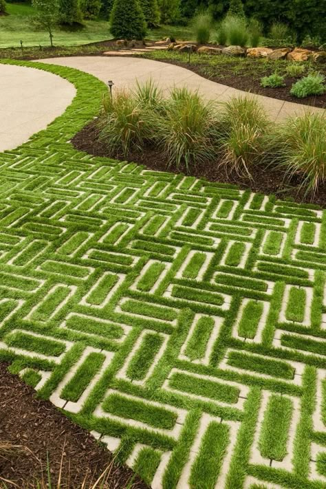 Eco Friendly Driveway Ideas, Grass Pavers Driveway, Green Driveway, Green Parking, Garden Landscaping Design Ideas, Grass Driveway, Permeable Driveway, Driveway Entrance Landscaping, Grass Pavers