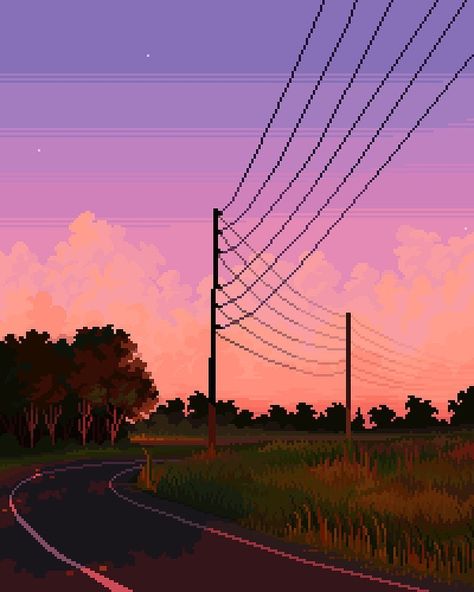 Jubilee on Instagram: “ya i love drawing power lines and sunsets what of it • #pixelart #landscape #pixel #digital #art #digitalart #sunset #sunrise #cloud…” Image Pixel Art, Pixel Art Landscape, Piskel Art, Arte Indie, Pixel Art Background, Arte 8 Bits, 8bit Art, Cool Pixel Art, Power Lines