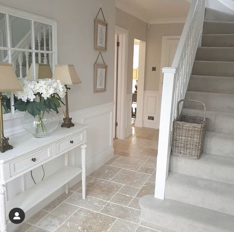 Farrow Ball Skimming Stone, Flooring Hallway, Paneling Walls, Decorating Stairway Walls, Farrow And Ball Living Room, Cottage Hallway, Cottage House Interior, Skimming Stone, Hallway Colours