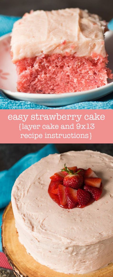 Homemade Strawberry Frosting, Easy Strawberry Cake Recipe, Cake 9x13, Easy Strawberry Cake, 9x13 Cake, 2 Layer Cake, Homemade Strawberry Cake, Strawberry Cake Recipe, Strawberry Cake Easy