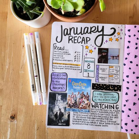 Memorie Journal Ideas, Bullet Journal Setup Pages, Monthly Review Journal, Monthly Scrapbook Ideas, Month Page Journal, Last Time I Bullet Journal, Monthly Pages Bullet Journal, Month In Review Bullet Journal, Year Review Bullet Journal