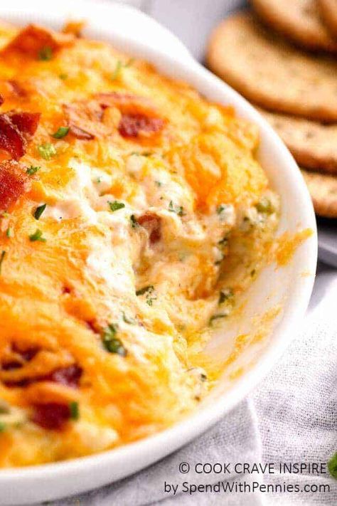 Hot Bacon Cheddar dip is hot and cheesy and loaded with flavor! The perfect party dip for crackers or chips! Beef Enchilada Dip, Bacon Cheddar Dip, Cheddar Dip, Party Dip, Bacon Appetizers, Bacon And Cheese, Spend With Pennies, Snack Dip, Superbowl Snacks