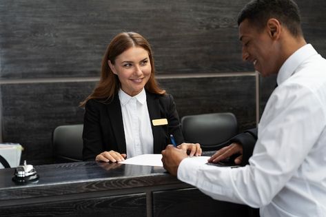 Free photo receptionist in elegant suit ... | Free Photo #Freepik #freephoto #hotel-receptionist #receptionist #female-worker #woman-worker Hotel Receptionist Aesthetic, Front Office Hotel, Hotel Receptionist, Nativity Play, Hotel Worker, Human Pictures, Elegant Suit, Canada Photography, Dream Future