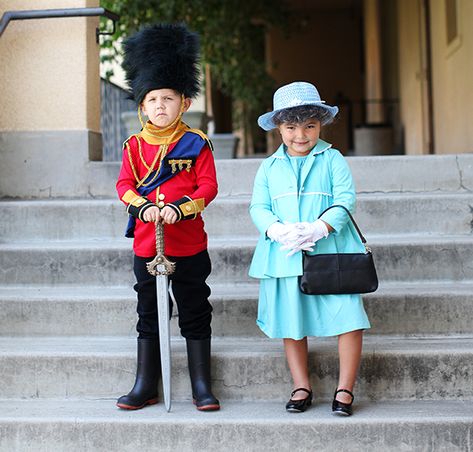 No-Sew DIY Kids and Baby Costumes | Primary.com Queen Elizabeth Costume, Queen Guard, Elizabeth Costume, England Costume, King And Queen Costume, Guard Costume, Diy Costumes Kids Boys, Blue Satin Fabric