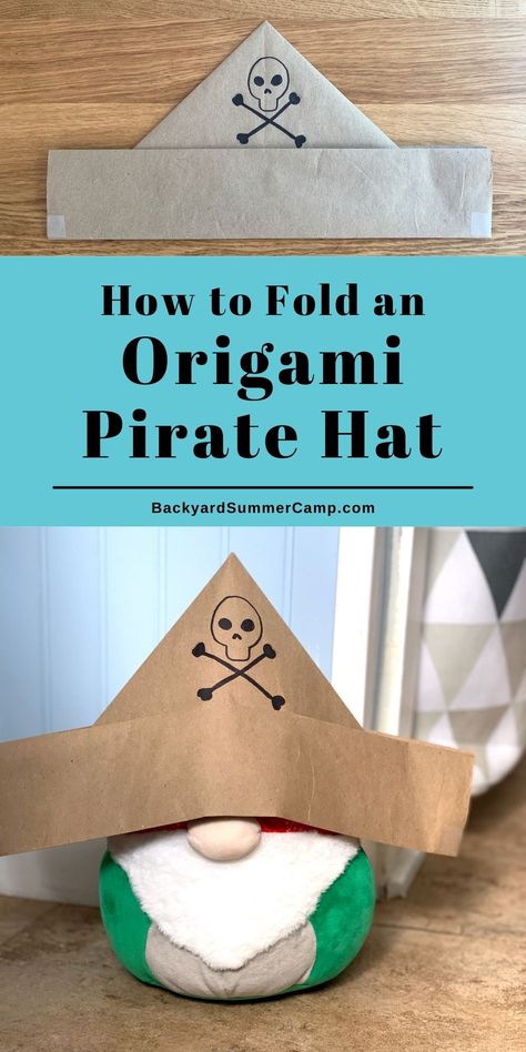 Fold an origami pirate hat from a big piece of paper for an easy paper folding craft idea perfect for summer fun or a learning activity. How To Make Pirates Hat, How To Make Pirate Costume, How To Make A Pirate Hat Out Of Paper, Pirates Hat Diy, Easy Diy Pirate Decorations, Make Pirate Hat, Pirate Hat Diy Paper, Diy Pirate Hook For Kids, Easy Pirate Crafts For Kids