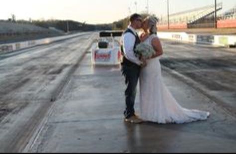 Drag strip wedding Race Track Wedding, Racetrack Wedding, Racing Wedding, Blair Wedding, Car Themed Wedding, Race Wedding, Car Couple, Factory Wedding, Wedding Portrait Poses