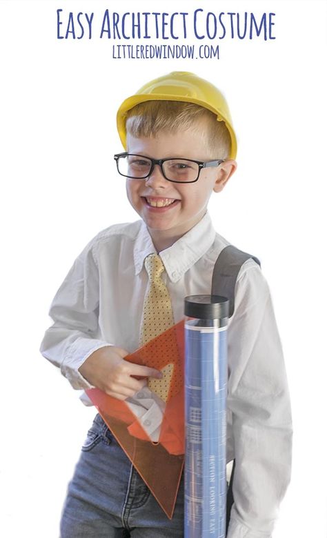 Put together this cute and easy architect costume for your kids this Halloween, it even has a fun blueprint drawing tube that holds candy! Architect Costume, Engineer Outfit, Engineer Costume, Drawing Tube, Career Costumes, Hanging Paper Craft, Wall Hanging Paper Craft, Craft For Home Decoration, Computer Engineer