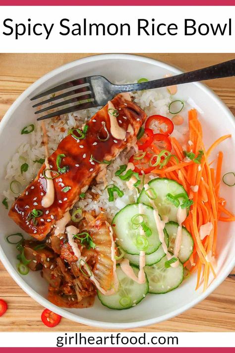 Salmon Recipes Rice, Spicy Salmon Rice Bowl, Rice Bowl Recipe, Recipes Rice, Salmon Rice, Salmon Rice Bowl, Rice Bowls Recipes, Spicy Salmon, Salmon And Rice