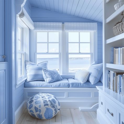 Serene Coastal Reading Nook [Room Inspiration] Coastal Reading Nook, Reading Nook Room, Bedroom Nook Ideas, Beach Cottage Furniture, Light Wood Flooring, Coastal Windows, Calming Coastal, Beach House Flooring, Beachy Bedroom