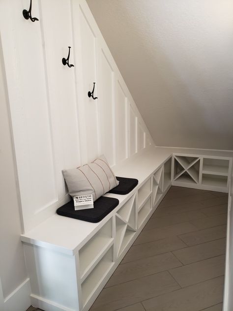 Lockers Under Stairs, Mudroom Under Stairs Closet, Stairs Mudroom, Under Stairs Drop Zone, Under Stairs Backpack Storage, Stair Ceiling Storage, Understairs Mudroom Ideas, Under Stair Drop Zone, Under The Stairs Drop Zone