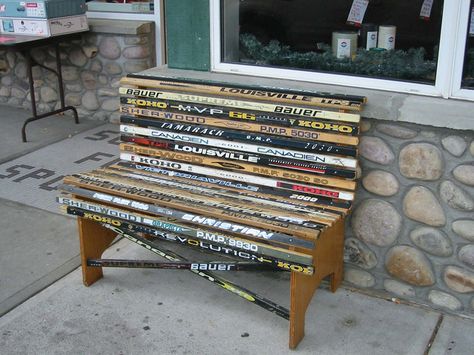 hockey stick furniture - Google Search Hockey Stick Furniture, Hockey Stick Crafts, Backyard Rink, Hockey Diy, Hockey Crafts, Ice Hockey Sticks, Hockey Decor, Hockey Room, Sticks Furniture