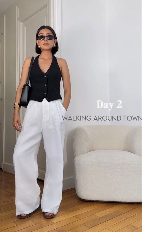 Cream Waistcoat Outfit, White Vest Top Outfit, White Trouser Outfit Women, Cream Trousers Outfit, Blue Vest Outfit, Vest Top Outfits, White Trousers Outfit, Black Vest Outfit, Black Work Outfit