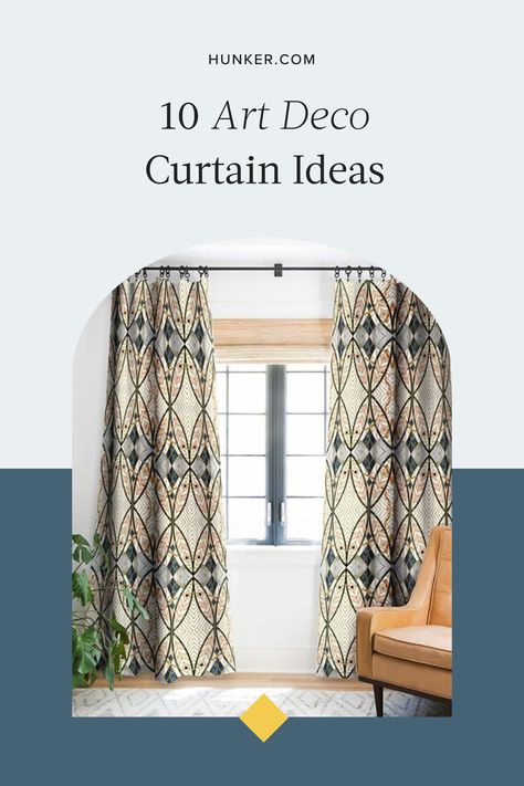 From black velvet drapes to geometric printed ones and more, scroll down for 10 glamorous art deco curtain ideas to dress up your space in a pinch. #hunkerhome #artdeco #curtainideas #artdecocurtain #curtaininspo Art Deco Bedroom Curtains, Curtains Art Deco, Art Deco Curtains Window Treatments, Art Deco Curtains Living Room, Geometric Curtains Living Room, Home Office Curtain Ideas, Curtain Draping Ideas, Office Curtain Ideas, Velvet Drapes Living Room