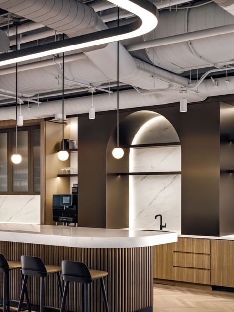 Law Office Design, Office Coffee Bar, Acoustic Ceiling Panels, Corporate Interior Design, Company Office, Davis Furniture, Open Ceiling, City Office, Interior Design Presentation