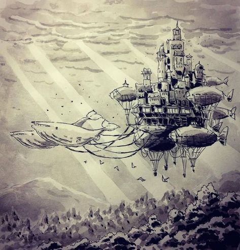 Kodama Tattoo, Floating City, Architecture Drawing Art, Ink Drawings, Futuristic City, Cool Sketches, Ink Illustrations, Environment Concept Art, Sketchbook Art Inspiration