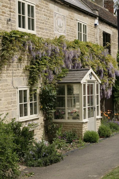 x House Frontage, Wisteria Cottage, Enclosed Front Porches, Porch Extension, Pictures Of England, Glass Porch, Cottage Front Doors, Victorian Porch, Cottage Windows