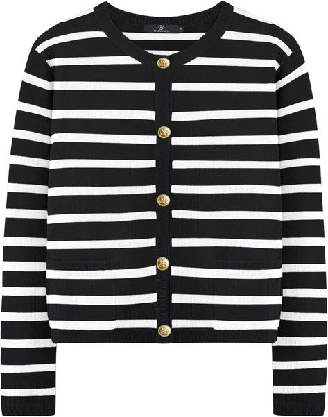 LILLUSORY Women's Striped Cropped Cardigan Sweaters Trendy Open Long Sleeve Button Cashmere Knit Tweed Jackets Black White at Amazon Women’s Clothing store Cardigan For Dress, Sweaters Fall, Knit Tweed, Jackets Black, Spring Capsule Wardrobe, Cardigan Sweaters, Long Sleeve Tops Casual, Tops Casual, Lightweight Cardigan