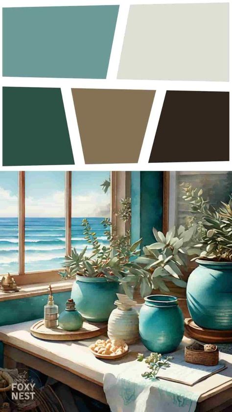 Bring the serene beauty of the seaside into your home with a teal color palette for coastal decor. Pair teal with sandy beige and crisp white to evoke a beachy vibe. Use teal in elements such as throw pillows, rugs, and wall art. Complete the look with nautical touches like seashells, starfish, and maritime-inspired decor for a relaxing coastal retreat. 🌊🏝️ Teal And Green Decor, Teal And Beige Living Room, Nautical Palette, Teal And White Bedroom, Cottagecore Color Palette, Coastal Color Palettes, Teal Living Room Decor, Teal Color Palette, Master Baths