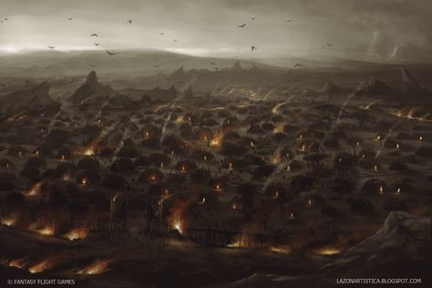 Orc War Camp by Emilio Camarena Army Camp Fantasy Art, Orc Army Art, Fantasy Camp Art, Orcs Dnd, Orc City, Orc Camp, Blood Crown, Dnd Orc, Dnd Places