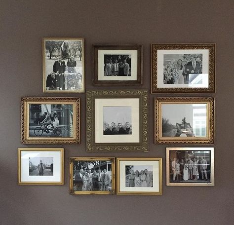 Vintage Photo Display Wall, Old Picture Collage Ideas, Wall Of Old Photos, Antique Photo Gallery Wall, Vintage Family Photo Gallery Wall, Collected Family Photo Wall, Vintage Family Photos Display, Framing Old Photos, Framing Vintage Photos