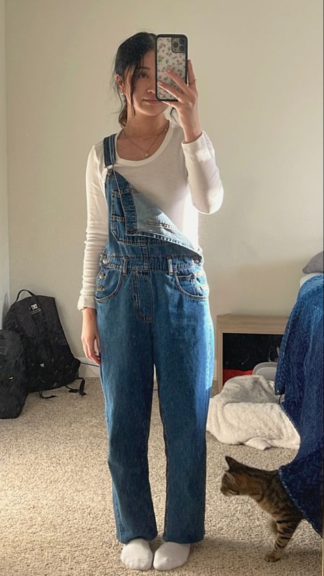 Blue denim overalls with white long sleeve shirt outfit idea summer spring aesthetic Long Denim Overalls, Overalls With White Shirt, Overalls Outfit With Long Sleeve, Long Overalls Outfit Fall, White Long Sleeve Outfit Ideas, Blue Denim Overalls Outfit, Denim Overalls Aesthetic, Long Sleeve And Overalls Outfit, Overalls And Long Sleeves Outfit