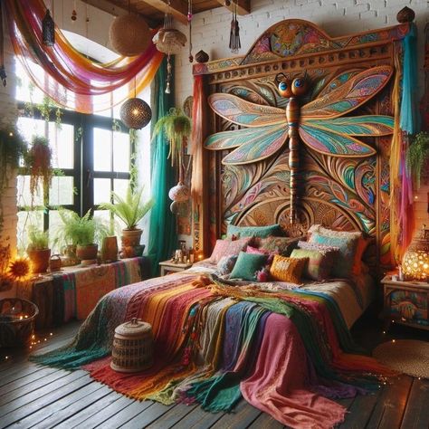 Rainbow Boho Bedroom, Bedroom Mural Ideas, Hippie Living Room Decor, Bedrooms Boho, Corner Bed, Scandinavian Home Decor, Boho Style Decor, Bohemian Furniture, Boho Style Bedroom