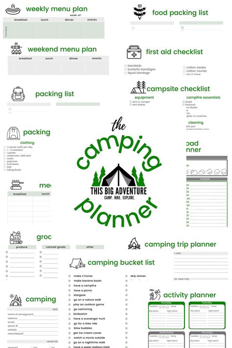 Camping Supply List Packing Checklist, Camping Menu Planner Free Printable, How To Plan A Camping Trip, Printable Camping List Packing Checklist, Camping With Kids Checklist, Rv Camping Checklist Free Printable, Camp Itinerary Template, Camping Meal Planner Free Printable, Camping Binder Free Printable