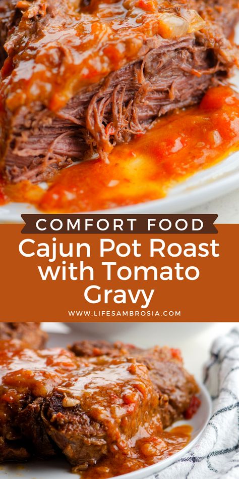 Cajun Pot Roast with Tomato Gravy is Sunday supper perfection! Tender pot roast coated in Cajun spices and braised with tomatoes. Cajun Pot Roast, Tender Pot Roast, Tomato Gravy Recipe, Cajun Dishes, Cajun Food, Tomato Gravy, Cajun Cooking, Roast Beef Recipes, Louisiana Recipes