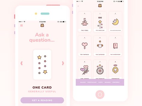 Kawaii Tarot by Diana Lopez Kawaii Tarot, Tarot App, Web Design Inspiration Portfolio, Kawaii App, Android App Design, Ios App Design, Wireframe Design, Cute App, Android App Development