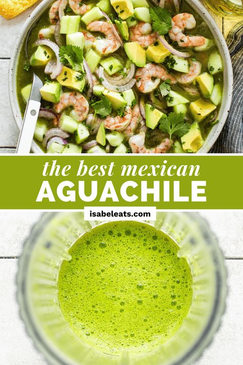 This authentic Aguachile is made from raw shrimp marinated in a chile, cilantro, and lime juice mixture that's tossed with red onion, cucumber, and avocados. Similar to ceviche, this Mexican dish is bright, tangy, healthy, and refreshing! Tuna Aguachile Recipe, Green Ceviche Recipe, Green Aguachile Recipe, Shrimp Aguachile Recipe, Healthy Mexican Recipes Authentic, Aguachiles Recipe Shrimp, Shrimp Ceviche Recipe Mexican Authentic, Tuna Aguachile, Mexican Authentic Recipes