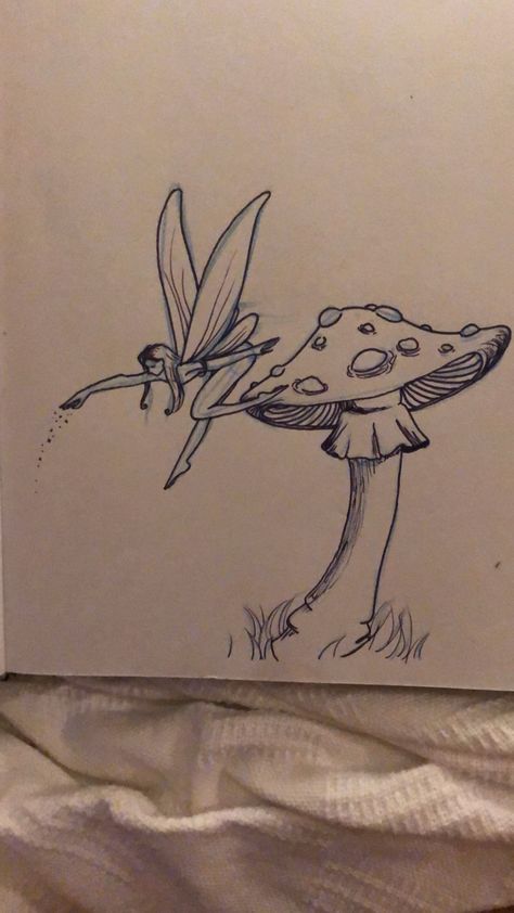 Cute Easy Fairy Drawings, Fairy’s Drawing, Fairy Doodle Aesthetic, Fairy On A Mushroom Drawing, Fairy Core Drawing Ideas, Easy To Draw Fairy, Fairy Garden Ideas Drawing, Nature Fairy Drawing, Mushroom And Fairy Tattoo