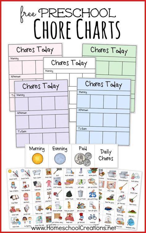 FREE Preschool Chore Charts - Subscriber Freebie Kindergarten Chore Chart Free Printable, Kindergarten Chore Chart, Chore Chart Pictures Printable Free, Free Printable Chore Chart With Pictures, Preschool Job Chart Printables Free, Chore Cards Printable Free, Chore Chart Kids Printable Free, Kids Routine Chart Printable Free, Picture Chore Chart