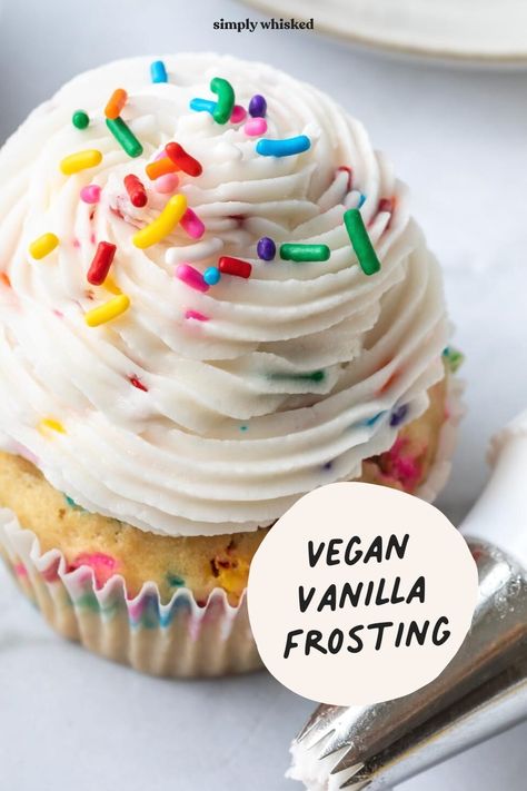 This creamy, vanilla dairy free frosting with rainbow sprinkles is perfect for your next bach of cupcakes, or celebratory cake. Easy to make and delicious - you'll want to eat it off the spoon! Vanilla Cake Icing Recipe, Vegan Vanilla Frosting, Vegan Icing, Vegan Cake Frosting, Vanilla Icing Recipe, Vegan Cake Mix, Vanilla Frosting Recipe, Vanilla Cake Frosting, Dairy Free Icing