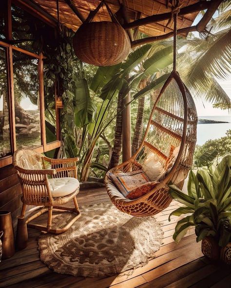 Carribean House Interior, Carribean House, Suspended Chair, Banana Trees, Fantasy Rooms, Casa Vintage, Tropical Resort, Boho House, Beach Boho