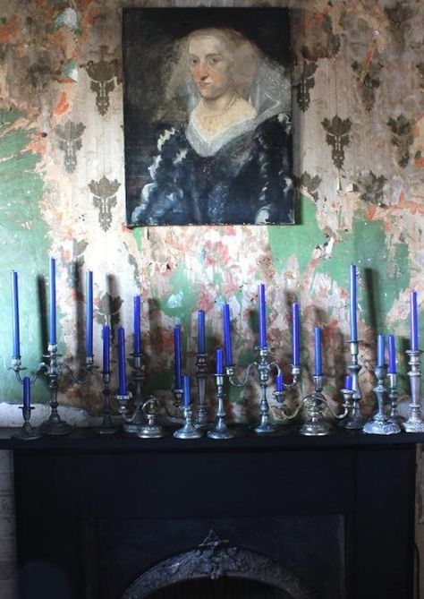 Blue Candlesticks, Rough Luxe, Ivy House, Blue Candles, New Wall, Of Wallpaper, The Table, Interior Inspiration, Alice In Wonderland