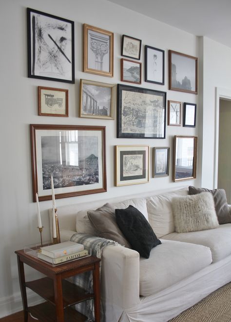 Couch Against The Wall Living Rooms, Photo Gallery Above Couch, Couch Against Wall, Gallary Wall, Above Couch Decor, Art Above Couch, Picture Wall Living Room, Rustic Gallery Wall, Living Room Gallery Wall