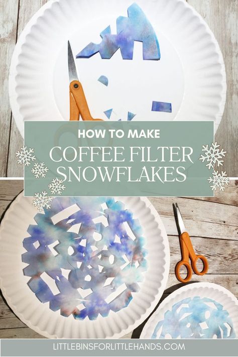 DIY coffee filter snowflakes is a perfect holiday craft for kids. This simple craft works well for both kids and adults. Using materials you probably already have at home, you can make beautiful snowflakes to brighten up your decor. We love this holiday season STEAM project. Follow the easy to follow directions to make these beautiful snowflakes. Simple Snowflakes For Kids, Coffee Filter Winter Crafts, Snowflake Coffee Filters For Kids, Salt Snowflake Craft, Prek Snowflake Craft, Coffee Filter Art Preschool, Snowflake Kindergarten Craft, Making Snowflakes With Kids, Snowflake Coffee Filter