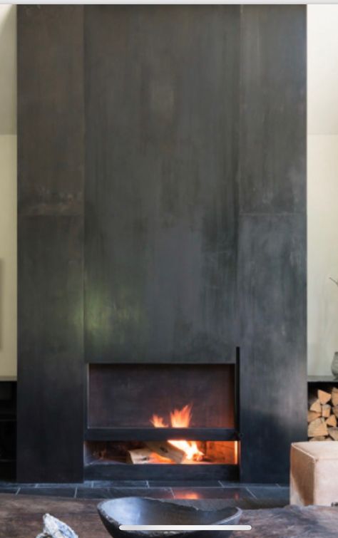 Rustic Modern Flooring, Black Steel Fireplace Wall, Metal Clad Fireplace, Modern Metal Fireplace Surround, Custom Metal Fireplace Surround, Blackened Steel Fireplace Surround, Minimal Fireplace, Industrial Fireplace, Two Story Fireplace