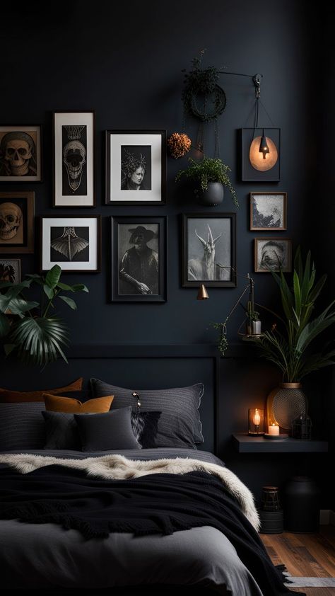 Halloween Fireplace Decor, Dark Aesthetic Room, Moody Halloween, Bedroom Decor Dark, Halloween Fireplace, Black Bedroom Decor, Beautiful Halloween, Dark Bedroom, Goth Home