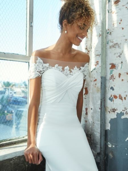 Fit-to-flare in crepe with pleated crisscross sweetheart bodice and cut-out back. Two Bolero options sold separately: CYPRESS SCALLOP BOLERO and CYPRESS FLORAL BOLERO. Keyhole Back Wedding Dress, Ombre Gown, Kelly Faetanini, Lace Bolero, Strapless Sweetheart Neckline, Back Wedding Dress, Romantic Bride, Gorgeous Wedding Dress, Chapel Train