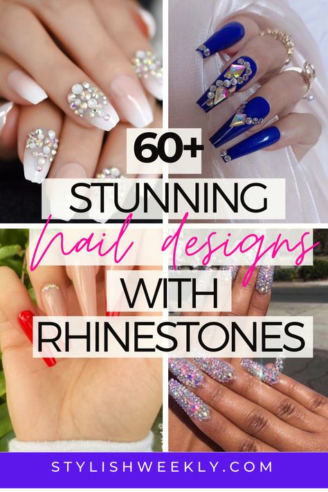 French Nails With Bling Rhinestones, Gem Nail Art Rhinestones, Nail Art Diamonds Rhinestones, Nail Designs With Jewels Rhinestones, Nail Designs Diamonds Rhinestones, Rinestine Nails Design, Rhinestone Nail Designs Pattern, Mail Designs With Rhinestones, Bling Spring Nails