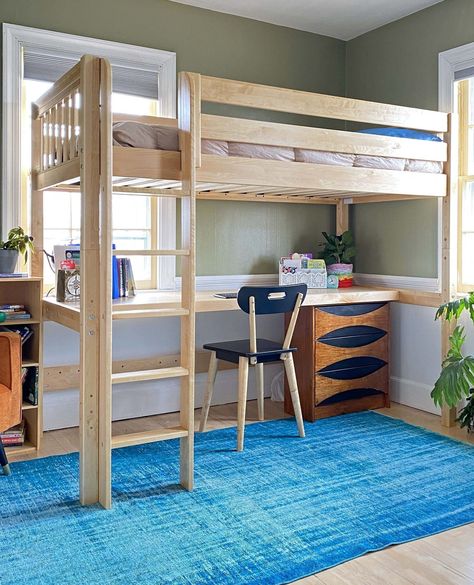 Save space with our loft beds with desks!⁠ .⁠ This Twin High Loft Bed with Desk is a great addition to small or shared bedrooms. The dual desk and bed design creates an all-in-one solution to your sleep and study needs. The long desk has plenty of room to spread out supplies for school work, crafts, and more. The high loft design has extra headspace under the bed for teens to sit comfortably at the desk. Click the link in our bio to create your cozy sleep and study corner!⁠ .⁠ #mymaxtrix #lof... Loft Bed Wood, High Loft Bed, Entry Remodel, Loft Beds For Teens, Small Room Desk, Boys Bed, Split Entry, Curved Bed, Ladder Desk