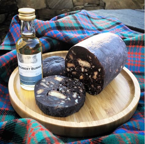 Chocolate Haggis! (aka Shortbread and Whisky Fridge Cake) | Foodie Quine - Edible Scottish Adventures Burns Night Recipes, Haggis Recipe, Tattie Scones, Scottish Desserts, Burns Supper, Fridge Cake, Boozy Chocolate, Scottish Recipes, Burns Night