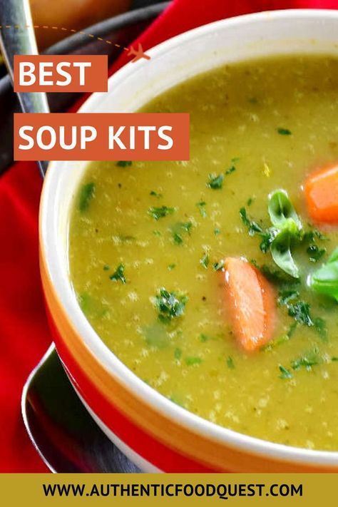 Are you looking for a soup that will transport your taste buds to different parts of the world, but don't know where to start? This article reviews the top soup kits from gourmet soup by meal kits services, dry soups, and soup mix to soup kits in jars. With all these options there's one perfect for everyone! Get started with this list and read on for more details about each type. | Authentic Food Quest. Gourmet Soup, The Best Soup, Best Soup, Meals At Home, Gourmet Meals, Meal Kits, Cozy Meals, Soup Mixes, Meal Kit