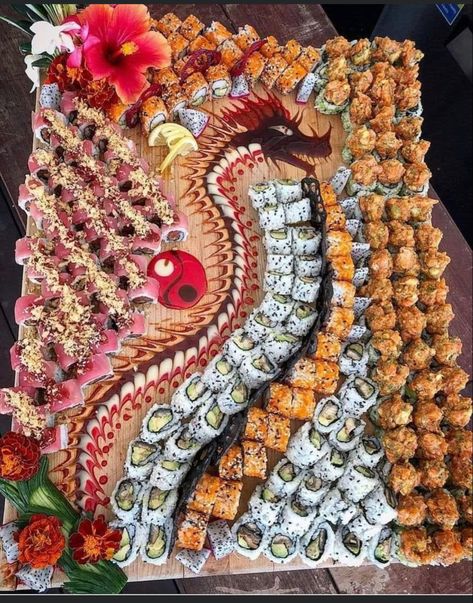 Sushi Dinner Party, Sushi Catering, Sushi Buffet, Japanese Food Sushi, Dragon Roll, Seafood Buffet, Sushi Love, Sushi Party, Sushi Platter