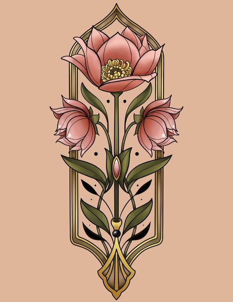 Art Deco Florals — Ink & Dagger Tattoo Art Nouveau Floral Tattoo, Art Nouveau Tattoo Flower, Art Nouveau Flowers Illustration, Art Nouveau Tattoo Design, Art Deco Tattoo, Art Deco Flowers, Art Nouveau Tattoo, American Traditional Tattoo Ideas, Nouveau Tattoo