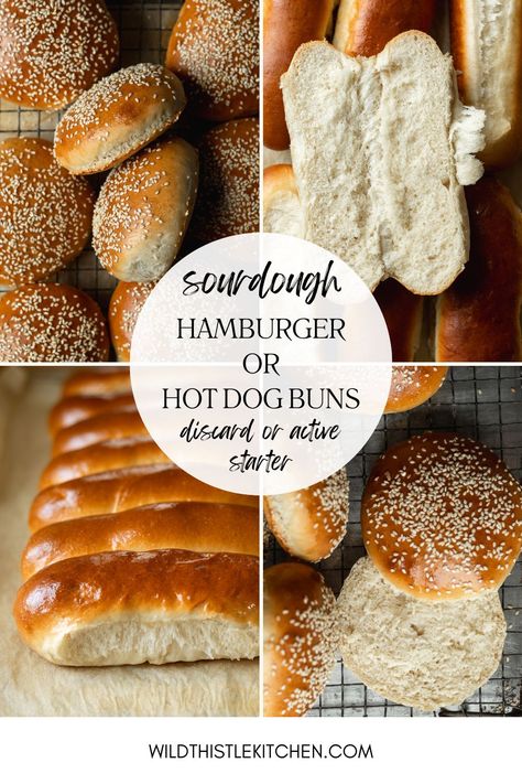 This versatile, no-nonsense recipe can be used to make Sourdough Hamburger Buns or Sourdough Hot Dog Buns using either active starter or discard. Of course these soft, fluffy-yet-sturdy buns are perfect for classic burgers and dogs, but don't stop there - I love to use them for buttery lobster rolls, egg or tuna salad, pulled pork sandwiches, and breakfast sandwiches too. #sourdoughhamburgerbuns #sourdoughhotdogbuns #sourdoughhamburgerbunsdiscard #sourdoughhamburgerbunssameday Sourdough Hot Dog Bun, Hamburger Buns Sourdough Discard, Sourdough Discard Recipes Hamburger Buns, Sour Dough Hot Dog Buns, Discard Hot Dog Buns, Quick Homemade Hamburger Buns, Sourdough Starter Hamburger Buns, Soft Sourdough Hamburger Buns, Sourdough Hot Dog Bun Recipe